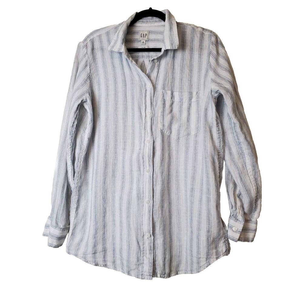 Gap Medium‎ Men Long Sleeve Shirt 100% Linen Button Down White Blue Stripe Beach